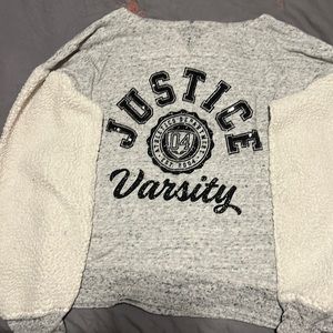 white grey justice hoodie.
